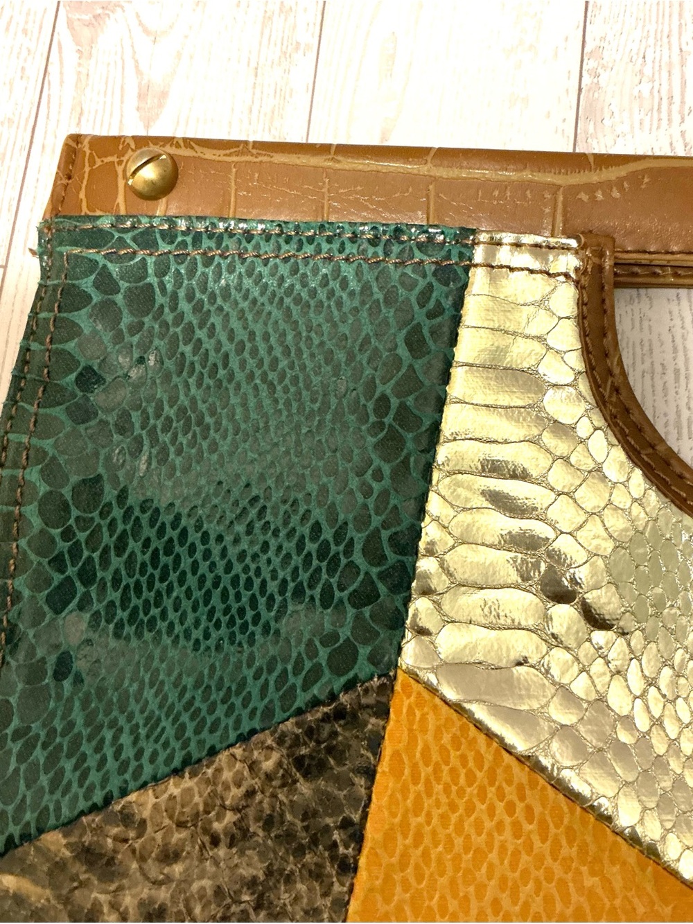 Nine West Multicolor Faux Snake Print Patchwork Clutch with Gold Accents - Picture 7 of 12